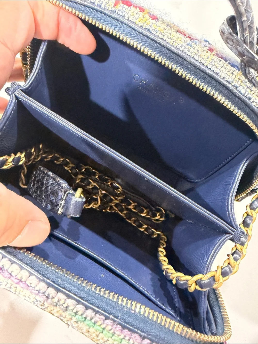 CHANEL Multicolor Tweed Vanity Crossbody with Navy Leather Trim